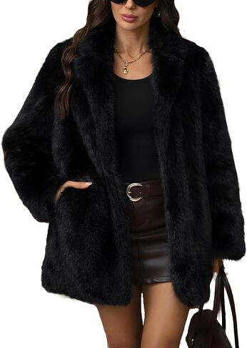 ELLEVEN Women’s Faux Fur Leopard Coat Long Winter Coats, Autumn Notch Lapel Jackets with Pockets in Saudi Arabia