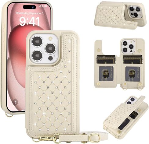 Crossbody Wallet Case for iPhone 16 Pro Max(6.9") with Detachable Strap - PU Leather Flip Folio with Card Slots & RFID Blocking, Sparkling Diamond Accents-Beige in Saudi Arabia