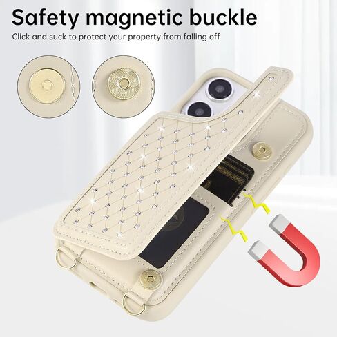 Crossbody Wallet Case for iPhone 16 Pro Max(6.9") with Detachable Strap - PU Leather Flip Folio with Card Slots & RFID Blocking, Sparkling Diamond Accents-Beige in Saudi Arabia