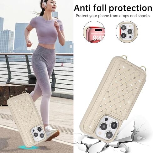 Crossbody Wallet Case for iPhone 16 Pro Max(6.9") with Detachable Strap - PU Leather Flip Folio with Card Slots & RFID Blocking, Sparkling Diamond Accents-Beige in Saudi Arabia
