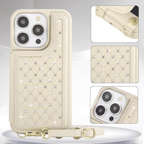 Crossbody Wallet Case for iPhone 16 Pro Max(6.9") with Detachable Strap - PU Leather Flip Folio with Card Slots & RFID Blocking, Sparkling Diamond Accents-Beige in Saudi Arabia