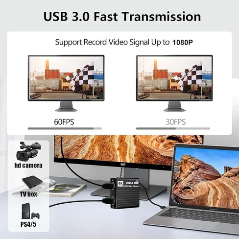 بطاقة التقاط فيديو ACHAVE 4K HDMI، حلقة Hdmi 4K30 هرتز، USB3.0 1080P 60FPS، بطاقة التقاط HDMI إلى USB 3.0 للعمل مع الكاميرا/Xbox/PS4/PS5/PC/OBS/Switch in Kuwait