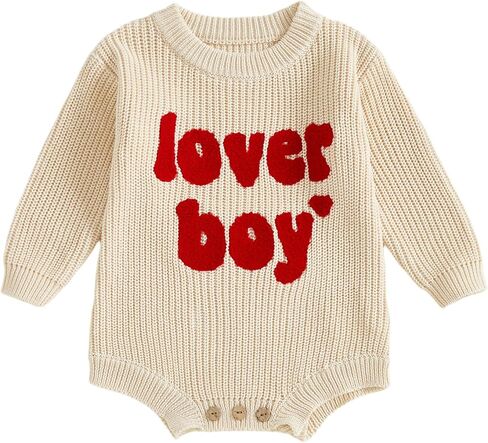 Lesimsam Newborn Baby Boy Valentines Day Outfit Lover Boy Embroidery Knit Sweater Romper Long Sleeve Bubble Bodysuit in Saudi Arabia