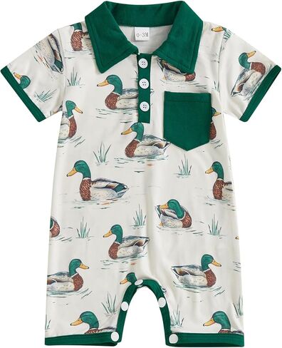 Infant Baby Boy Romper Duck Hunting Jumpsuit One Piece Clothes | Duck Embroidery Long Sleeve Romper Jumpsuit Waffle Knit Outfit Newborn One Piece Clothes in Saudi Arabia