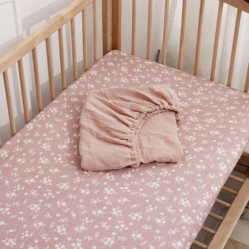 Muslin Crib Sheets–100% Organic Cotton Baby Sheets for Boys & Girls,2 Pack Muslin Mini Crib Sheets for Toddler Mattress,Breathable Crib Mattress Sheets 28''x52''(Flower) in Saudi Arabia