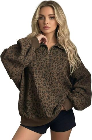 Women Cheetah Print Sweatshirt Oversized Half Zip Pullover Leopard Corduroy Long Sleeve Tops Y2K Fall Casual Outfit in Kuwait