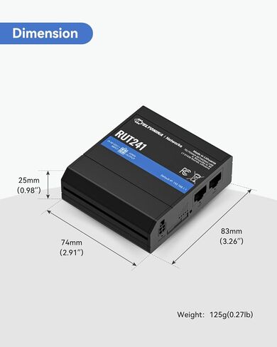 Teltonika RUT241098000 (الإصدار الأمريكي) جهاز التوجيه الخلوي 4G LTE الصناعي، جهاز توجيه 4G LTE Wi-Fi، تجاوز الفشل التلقائي، VPN متقدم، معتمد من Verizon/AT&T/T-Mobile in Kuwait