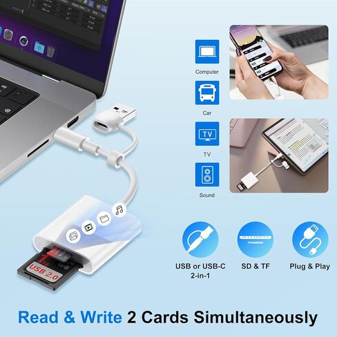 USB to USB C SD Card Adapter for iPhone 17 Pro/16/15 Pro Max,2 in 1 USB C to SD/TF Memroy Camera Card Reader Adapter for Samsung Galaxy S25 Ultra/S24/S23/S22/S21/iPad Pro/MacBook Pro/Air/Computer/PC in Saudi Arabia