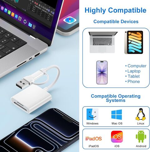USB to USB C SD Card Adapter for iPhone 17 Pro/16/15 Pro Max,2 in 1 USB C to SD/TF Memroy Camera Card Reader Adapter for Samsung Galaxy S25 Ultra/S24/S23/S22/S21/iPad Pro/MacBook Pro/Air/Computer/PC in Saudi Arabia