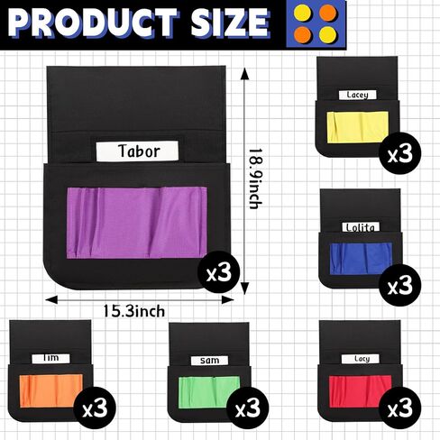 18 Pcs Student Chair Pockets 19 x 15 Inch Classroom Chair Bag Seat Storage with Name Tag, Back Sacks with 6 Pockets for Classroom, School, Home, Group Team Organizers(Simple Color) in Saudi Arabia