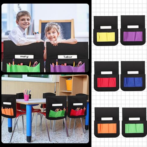 18 Pcs Student Chair Pockets 19 x 15 Inch Classroom Chair Bag Seat Storage with Name Tag, Back Sacks with 6 Pockets for Classroom, School, Home, Group Team Organizers(Simple Color) in Saudi Arabia