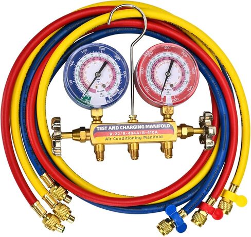 Upgraded New 42006 Test and Charge Manifold Set, with 3-1/8" (80 mm) Gauge, with 72" HVAC Hoses and Quick Coupler Adapters, 1/4" Standard Flared Fittings, Suitable for R-22/134A/404A, Toolbox in Saudi Arabia