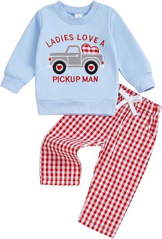 Little Toddler Boy Valentine’s Day Outfit Heart Letter Truck Long Sleeve Shirt Plaid Panta 2PCs Set Clothes in Saudi Arabia