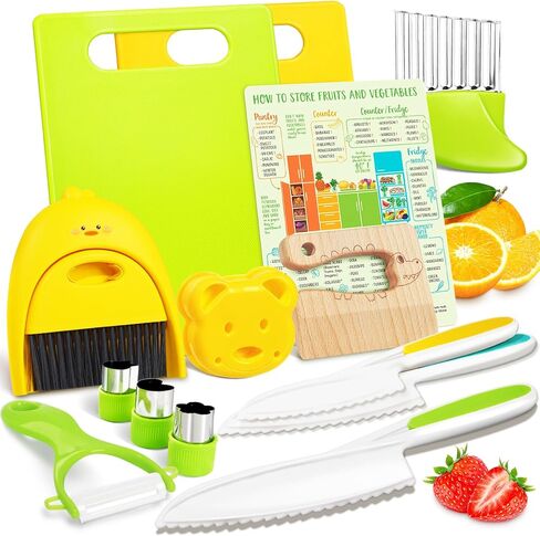 14 Pieces Wooden Kitchen Knife Set with Gloves Cutting Board Fruit Vegetable Crinkle Cutters Serrated Edges Plastic Toddler Knifes for Real Cooking Kid Safe Knives - Elephant in Kuwait
