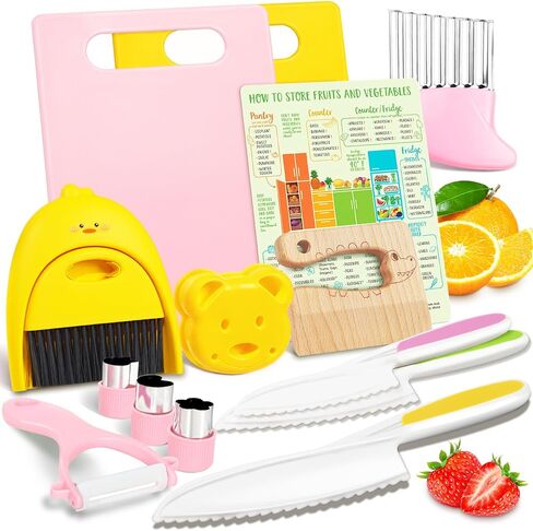 14 Pieces Wooden Kitchen Knife Set with Gloves Cutting Board Fruit Vegetable Crinkle Cutters Serrated Edges Plastic Toddler Knifes for Real Cooking Kid Safe Knives - Elephant in Kuwait