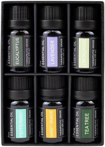مجموعة هدايا الزيوت العطرية، زيت عطري علاجي، 6 عبوات، مع الأوكالبتوس واللافندر والنعناع والبرتقال الحلو وشجرة الشاي والروائح الأخرى، صندوق تخزين جميل. (ودى كلاس) in Kuwait