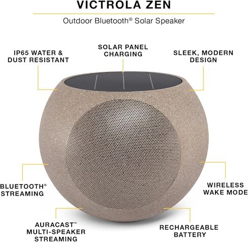Victrola Zen – Wireless Outdoor Bluetooth Solar Speaker – IP65 Weather Resistant, Solar Charging, Multi-Speaker Connection Using Auracast (Each, Stone) in Saudi Arabia