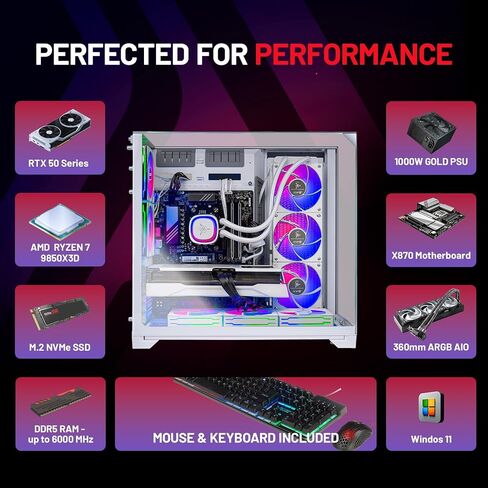 Skytech Gaming O11 Vision Gaming PC، AMD Ryzen 7 9850X3D 4.7 جيجا هرتز، NVIDIA RTX 5080 16 جيجا VRAM، لوحة X870، 2 تيرابايت Gen4 NVMe SSD، 32 جيجا DDR5 RAM 6000، 1000 وات Gold ATX 3 PSU، 360 ARGB AIO، Wi-Fi، Win 11 in Kuwait