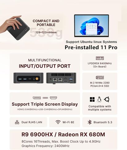 N4 Mini PC 11 Pro، Ryzen 9 6900HX (يصل إلى 4.9 جيجا هرتز)، Radeon 680M GPU، كمبيوتر مكتبي للألعاب، ذاكرة الوصول العشوائي LPDDR5 سعة 32 جيجابايت، 1 تيرابايت SSD، شبكة NIC LAN مزدوجة بسرعة 1000 ميجا بت في الثانية، شاشة ثلاثية 4K، WiFi 6E، BT5.3 in Kuwait