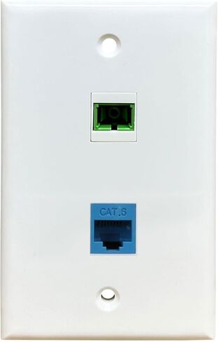 لوحة حائط من الألياف الضوئية، لـ SC/APC، Simplex، مع منفذ Cat6 Ethernet، وحامل تثبيت منخفض الجهد متضمن - أبيض in Saudi Arabia
