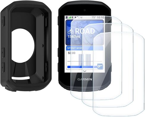 واقي شاشة لجهاز Garmin Edge 850/Edge 550 GPS (3+1pack) وغطاء حافظة من السيليكون، طبقة من الزجاج المقسى مضادة للخدش تغطية كاملة عالية الوضوح (أسود) in Kuwait
