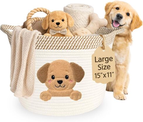 Golden Retriever/Labrador Dog Toy Basket, 15x11 Inch Woven Cotton Rope Storage Bin with Puppy Patch, Large Pet Organizer for Toys, Blankets, Leashes, Living Room Decor (Beige/White) in Saudi Arabia