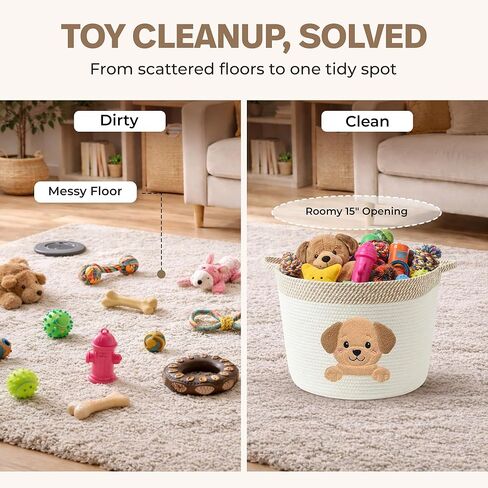 Golden Retriever/Labrador Dog Toy Basket, 15x11 Inch Woven Cotton Rope Storage Bin with Puppy Patch, Large Pet Organizer for Toys, Blankets, Leashes, Living Room Decor (Beige/White) in Saudi Arabia