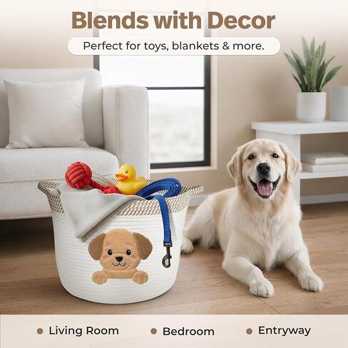 Golden Retriever/Labrador Dog Toy Basket, 15x11 Inch Woven Cotton Rope Storage Bin with Puppy Patch, Large Pet Organizer for Toys, Blankets, Leashes, Living Room Decor (Beige/White) in Saudi Arabia