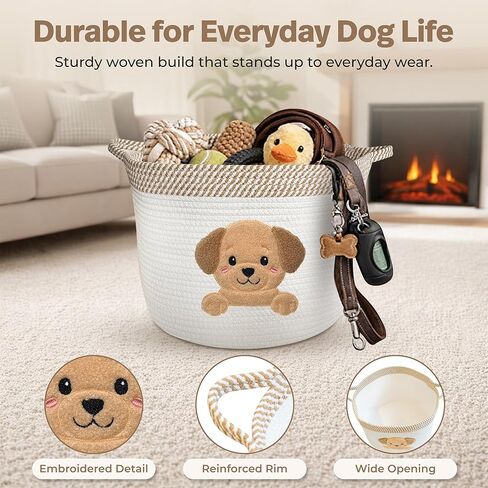Golden Retriever/Labrador Dog Toy Basket, 15x11 Inch Woven Cotton Rope Storage Bin with Puppy Patch, Large Pet Organizer for Toys, Blankets, Leashes, Living Room Decor (Beige/White) in Saudi Arabia