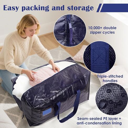 6 Pack Extra Large Heavy Duty Moving Bags with Reinforced Zipper & Wide Handles, Moisture-Resistant Storage Bins Packing Cubes for Clothes, College Dorm, Travel, and Home Organization, Dark Blue in Kuwait