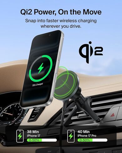 شاحن سيارة لاسلكي من بيلكين، حامل مغناطيسي للسيارة مع كابل USB C بطول 1 متر، شاحن iPhone سريع متوافق مع Qi2 MagSafe لهواتف iPhone 17 وGalaxy S25 وPixel 10 والمزيد - ملحقات السفر - أسود in Kuwait