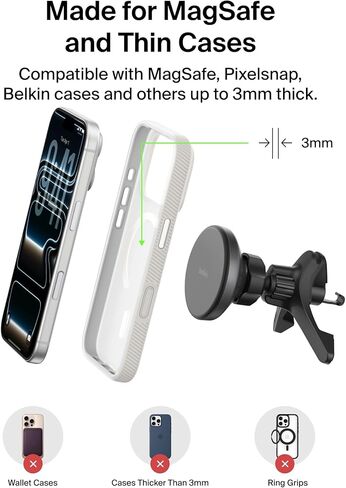شاحن سيارة لاسلكي من بيلكين، حامل مغناطيسي للسيارة مع كابل USB C بطول 1 متر، شاحن iPhone سريع متوافق مع Qi2 MagSafe لهواتف iPhone 17 وGalaxy S25 وPixel 10 والمزيد - ملحقات السفر - أسود in Kuwait