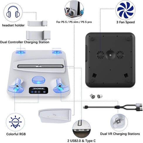 محطة شحن وحدة التحكم SOTY لوحدة التحكم PS VR2 وPS5 وحامل التبريد الصامت PS5/Slim/Pro مع مصابيح RGB؛ محطة تبريد؛ شاحن وحدة التحكم؛ مجموعة ملحقات PS5/Slim/Pro؛ حامل سماعة الرأس in Kuwait