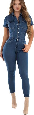 Sexy Button Down Jumpsuit for Women Slim Fit Denim Long Jumpsuits Playsuit Lapel Jeans Rompers Overalls with Pockets in Saudi Arabia