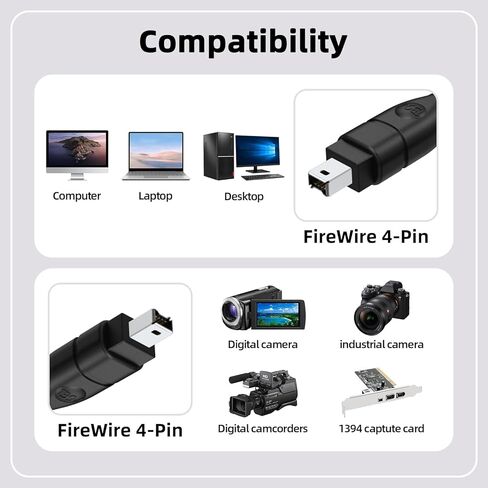 كابل IEEE 1394 FireWire 4-Pin إلى 4-Pin، سلك iLink DV بطول 6 أقدام متوافق مع كاميرا فيديو Sony Handycam DV والكاميرا الرقمية والطابعة والقرص الصلب الخارجي وأجهزة 1394 الأخرى in Kuwait