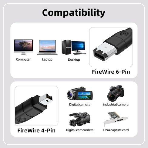 FireWire 4 Pin to 6 Pin iLink DV Cable 6FT, IEEE 1394 Firewire 400 Cord for PC Computer to Canon GL1 GL2 MiniDV, XL H1 XH G1, ZR20 ZR25 ZR50 ZR700 ZR830 ZR850 ZR900 ZR930 ZR950 ZR1000 Camcorders in Saudi Arabia