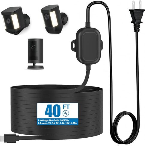 سلك طاقة مقاوم للطقس لكاميرا Ring Outdoor Cam Plus/Ring Spotlight Cam Plus/Pro (بطارية)، كابل شحن خارجي USB-C بطول 20 قدم/6 متر يعمل بشكل مستمر على تشغيل الكاميرا الخاصة بك، أسود in Kuwait