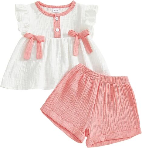 Toddler Girl Clothes Baby Summer Spring Outfits Cute Bow Button Smocked Ruffle Sleeve Tops ＋ Girls Shorts Set in Saudi Arabia