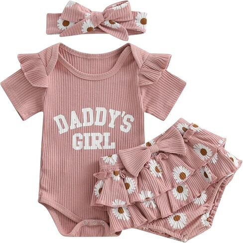 Daddys Girl ملابس حديثي الولادة كشكش مضلع رومبير علوي الأزهار مجموعة تي شيرتات قصيرة للأطفال طفل رضيع عيد الأب ملابس صيفية in Saudi Arabia