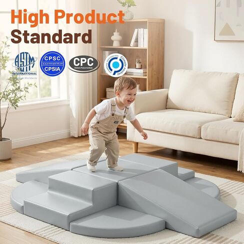 9-Piece Climbing Toys for Toddlers: Soft PU Leather Foam Blocks - Baby Climb and Crawl Activity Blocks - Kids Play Gym Equipment Indoor for Development(Grey) in Saudi Arabia