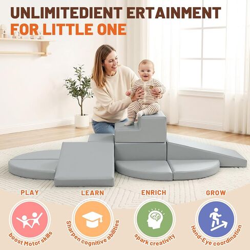 9-Piece Climbing Toys for Toddlers: Soft PU Leather Foam Blocks - Baby Climb and Crawl Activity Blocks - Kids Play Gym Equipment Indoor for Development(Grey) in Saudi Arabia