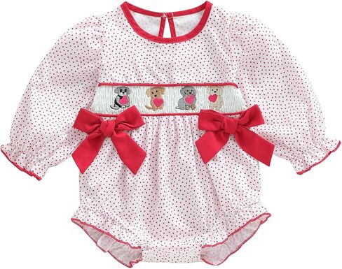 Kupretty طفلة عيد الحب رومبير Smocked الحب القلب المطرزة تكدرت تقليم طويلة الأكمام الوليد بذلة in Saudi Arabia