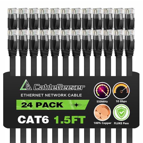 Cat 6 Ethernet Cable 1.5ft (24 Pack) (at a Cat5e Price but Higher Bandwidth) Flat Internet Network Cables - Cat6 Ethernet Patch Cable Short - Black Computer LAN Cable with Snagless RJ45 Connectors in Saudi Arabia