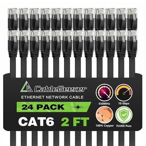Cat 6 Ethernet Cable 1.5ft (24 Pack) (at a Cat5e Price but Higher Bandwidth) Flat Internet Network Cables - Cat6 Ethernet Patch Cable Short - Black Computer LAN Cable with Snagless RJ45 Connectors in Saudi Arabia
