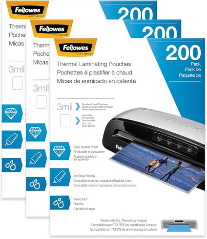 Fellowes Thermal Laminating Sheets, Letter Size 9" x 11.5", 3 Mil, Glossy, Clear Photo-Safe Pouches, 600 Total (3 Pack of 200), Compatible with All Thermal Laminators (5743401) in Saudi Arabia