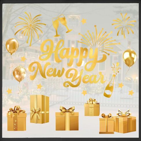 Mfault Happy New Year 2026 Window Clings, Black Gold Truck Christmas Tree Champagne Clock Stickers Decals Decorations, Winter Balloon Fireworks Celebration Home Living Room Kitchen Decor in Saudi Arabia