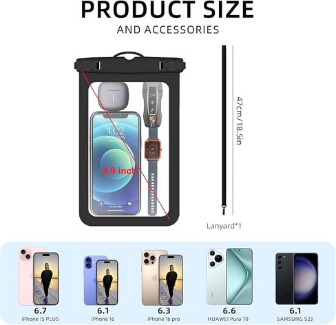 [ما يصل إلى 8.9 بوصة جراب هاتف مقاوم للماء، حقيبة هاتف مقاومة للماء لهاتف iPhone 17 16 15 14 13 Pro Max Plus Galaxy S25 S24 Ultar Plus+، IPX8 حقيبة الهاتف المحمول الجافة أساسيات السفر على الشاطئ - أسود in Kuwait