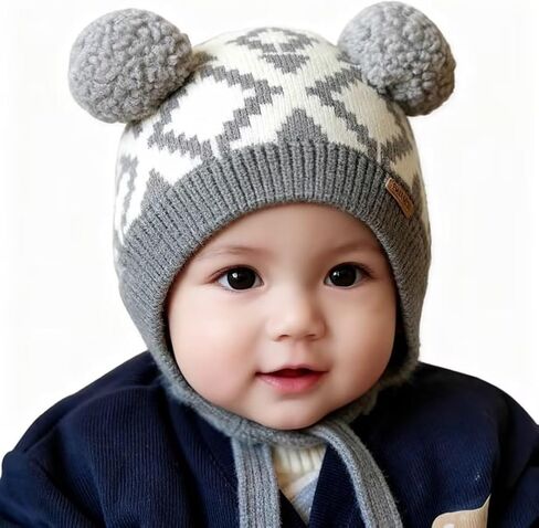 قبعة شتوية للأطفال من Keepersheep مع قبعة أذن للفتيات من Pompom Beanie محبوكة للأطفال الأولاد والبنات in Kuwait