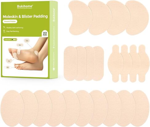 Bukihome Moleskin Adhesive Pads for Feet - Blister Prevention Tape - Moleskin Padding for Blisters, Shoes, Toes, Heel, Reduce Friction Pain - 11 Sheets of 4 Shapes (22 Pieces Total, Black) in Saudi Arabia