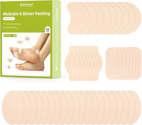 Bukihome Moleskin Adhesive Pads for Feet - Blister Prevention Tape - Moleskin Padding for Blisters, Shoes, Toes, Heel, Reduce Friction Pain - 11 Sheets of 4 Shapes (22 Pieces Total, Black) in Saudi Arabia